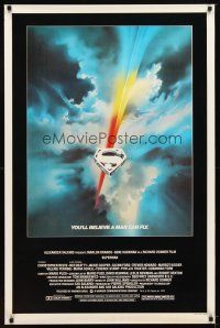 9k757 SUPERMAN 1sh '78 comic book hero Christopher Reeve, cool Bob Peak logo art!
