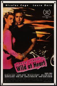 9k834 WILD AT HEART 1sh '90 David Lynch, sexiest image of Nicolas Cage & Laura Dern!