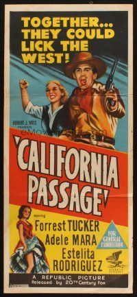 9m735 CALIFORNIA PASSAGE Aust daybill '50 artwork of cowboy Forrest Tucker & Adele Mara!