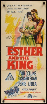 9m783 ESTHER & THE KING Aust daybill '60 Mario Bava, sexy Joan Collins & Richard Egan embracing!
