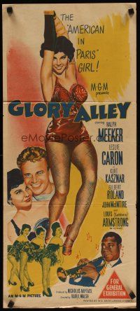 9m836 GLORY ALLEY Aust daybill '52 full-length art of sexy Leslie Caron, Louis Armstrong w/trumpet