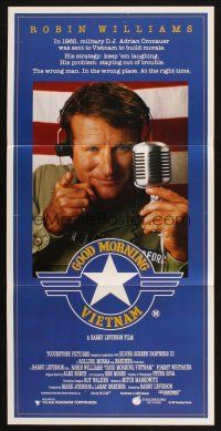 9m843 GOOD MORNING VIETNAM Aust daybill '87 war radio DJ Robin Williams, Barry Levinson directed!