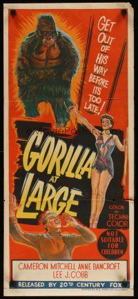 9m845 GORILLA AT LARGE Aust daybill '54 stone litho art of giant ape & sexy Anne Bancroft!