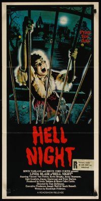 9m866 HELL NIGHT Aust daybill '81 artwork of Linda Blair trying to escape haunted house by Jarvis!