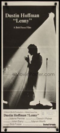 9m895 LENNY Aust daybill '74 silhouette of Dustin Hoffman as comedian Lenny Bruce at microphone!