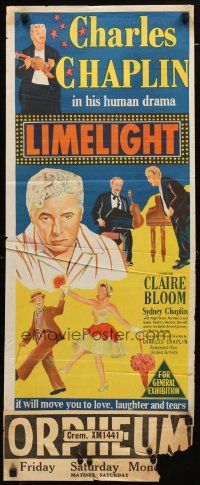 9m897 LIMELIGHT Aust daybill '52 artwork of aging Charlie Chaplin & pretty young Claire Bloom!