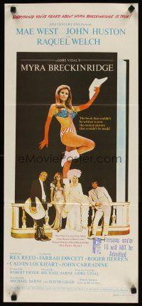 9m921 MYRA BRECKINRIDGE Aust daybill '70 John Huston, Mae West & Raquel Welch in patriotic outfit!