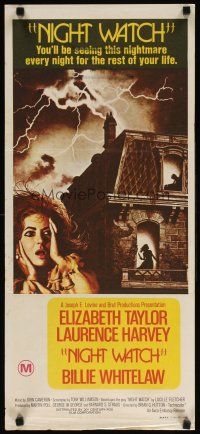 9m924 NIGHT WATCH Aust daybill '73 Laurence Harvey, art of frightened Elizabeth Taylor!