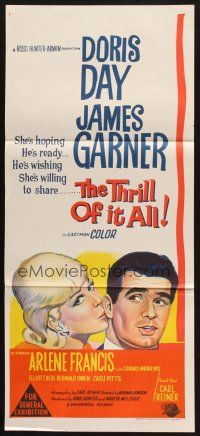 9m982 THRILL OF IT ALL Aust daybill '63 wonderful artwork of Doris Day kissing James Garner!