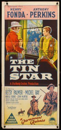 9m984 TIN STAR Aust daybill '57 Richardson Studio art of cowboys Henry Fonda & Anthony Perkins!