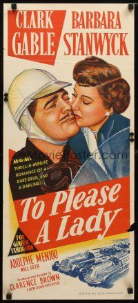 9m985 TO PLEASE A LADY Aust daybill '50 art of race car driver Clark Gable & sexy Barbara Stanwyck