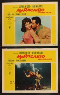 9p927 MARACAIBO 2 LCs '58 romantic c/u of Cornel Wilde & Jean Wallace + scuba diving!
