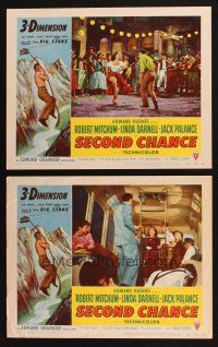 9p963 SECOND CHANCE 2 LCs '53 Robert Mitchum dancing w/sexy Linda Darnell, on cable car!