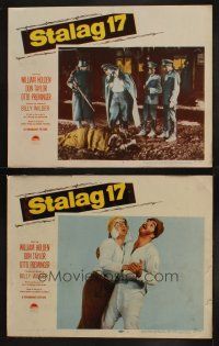 9p974 STALAG 17 2 LCs '53 Harvey Lembeck & Robert Strauss, Otto Preminger, Billy Wilder WWII classic