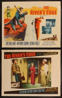 9p394 RIVER'S EDGE 8 LCs '57 Ray Milland & Anthony Quinn fighting on cliff, Debra Paget