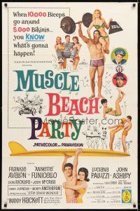 9r046 MUSCLE BEACH PARTY 1sh '64 Frankie & Annette, 10,000 biceps & 5,000 bikinis!
