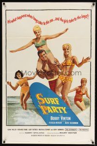 9r011 SURF PARTY 1sh + set of 8 LCs '64 when Beach Boys meet Surf Sweeties, real swingin' fun!