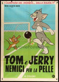 9s298 TOM & JERRY Italian 1p R1974 cartoon art kicking soccer goal with bomb instead of ball!