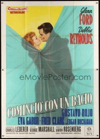 9s059 IT STARTED WITH A KISS Italian 2p '59 art of Glenn Ford & Debbie Reynolds behind curtain!