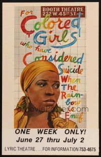 9s415 FOR COLORED GIRLS WHO HAVE CONSIDERED SUICIDE stage play WC '76 Broadway, cool Davis art!