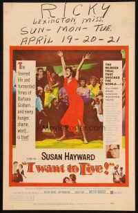 9s465 I WANT TO LIVE WC '58 Susan Hayward as Barbara Graham, a party girl convicted of murder!