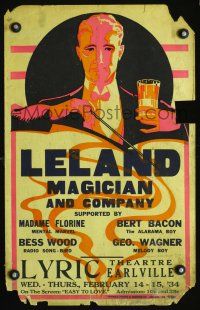 9s502 LELAND MAGICIAN & COMPANY magic show WC '34 cool art of magician with wand & glass of water!