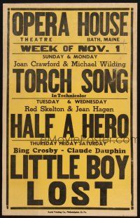 9s541 OPERA HOUSE THEATRE NOVEMBER 1ST WC '53 Torch Song, Half a Hero, Little Boy Lost