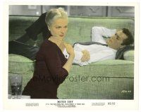 9t034 MISTER CORY color 8x10 still '57 sexy Martha Hyer kneels by Tony Curtis laying on couch!