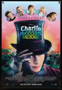 9w097 CHARLIE & THE CHOCOLATE FACTORY advance DS 1sh '05 Johnny Depp, directed by Tim Burton!