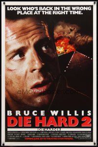 9w147 DIE HARD 2 advance DS 1sh '90 tough guy Bruce Willis is in the wrong place at the right time!