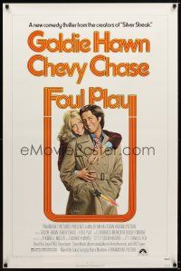 9w211 FOUL PLAY 1sh '78 wacky Lettick art of Goldie Hawn & Chevy Chase, screwball comedy!