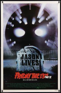 9w215 FRIDAY THE 13th PART VI 1sh '86 Jason Lives, cool image of hockey mask & tombstone!