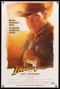 9w298 INDIANA JONES & THE LAST CRUSADE advance 1sh '89 art of Harrison Ford by Drew!