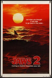 9w324 JAWS 2 teaser 1sh '78 classic art of man-eating shark's fin in red water at sunset!