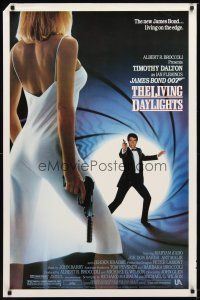 9w420 LIVING DAYLIGHTS int'l 1sh '87 Dalton as Bond & sexy Maryam d'Abo in sheer dress w/gun!