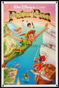 9w574 PETER PAN 1sh R89 Walt Disney animated cartoon fantasy classic, great full-length art!