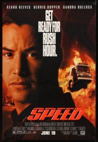 9w722 SPEED style A advance 1sh '94 huge close up of Keanu Reeves & bus driving through flames!