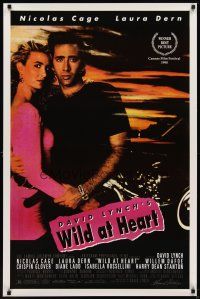 9w838 WILD AT HEART 1sh '90 David Lynch, sexiest image of Nicolas Cage & Laura Dern!