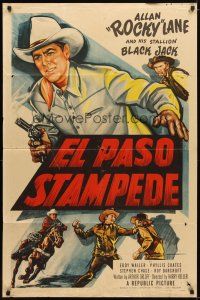 9x245 EL PASO STAMPEDE 1sh '53 close up art of Rocky Lane with gun & punching bad guy!