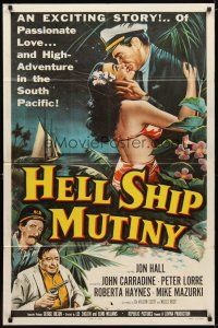 9x343 HELL SHIP MUTINY 1sh '57 Jon Hall kisses tropical bikini babe, John Carradine, Peter Lorre