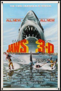 9x390 JAWS 3-D 1sh '83 great Gary Meyer shark artwork, the third dimension is terror!