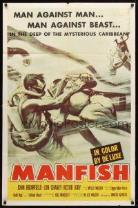 9x498 MANFISH 1sh '56 aqua-lung divers in death struggle with each other & sea creatures!