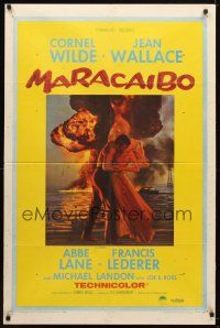 9x501 MARACAIBO 1sh '58 romantic artwork of Cornel Wilde & Jean Wallace in front of explosion!