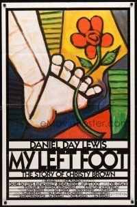 9x544 MY LEFT FOOT int'l 1sh '89 Daniel Day-Lewis, cool artwork of foot w/flower by Seltzer!