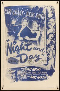 9x558 NIGHT & DAY 1sh R56 Cary Grant as composer Cole Porter who loves sexy Alexis Smith!