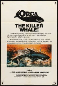 9x589 ORCA 1sh '77 wild artwork of attacking Killer Whale by John Berkey, it kills for revenge!