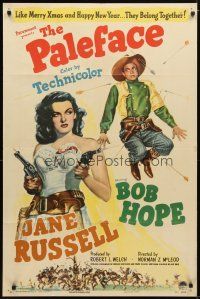 9x595 PALEFACE style A 1sh '48 close up of Bob Hope & sexy Jane Russell with pistols!