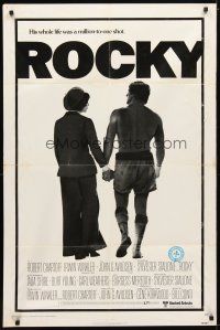 9x652 ROCKY 1sh '76 boxer Sylvester Stallone holding hands with Talia Shire, boxing classic!