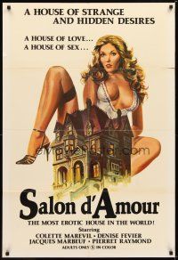 9x660 SALON D'AMOUR 1sh '76 artwork of sexy Colette Marevil behind mansion, rated X!