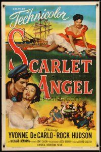 9x679 SCARLET ANGEL 1sh '52 artwork of sailor Rock Hudson & sexy gambling Yvonne DeCarlo!